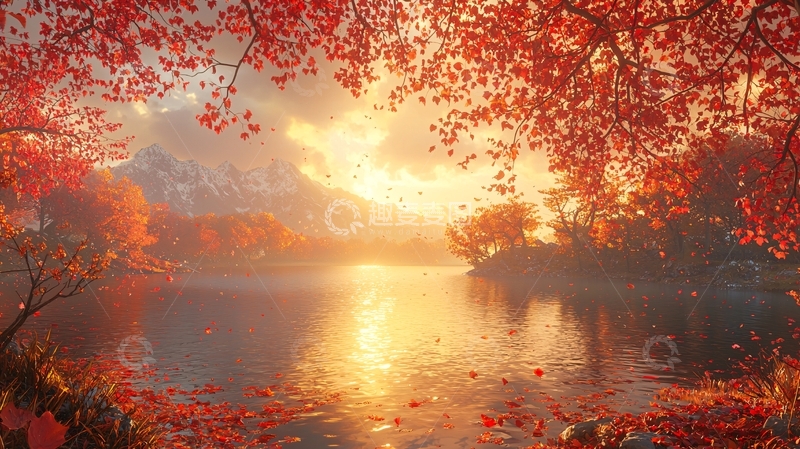 高清大图下载【趣麦麦图】秋日落日湖边红叶