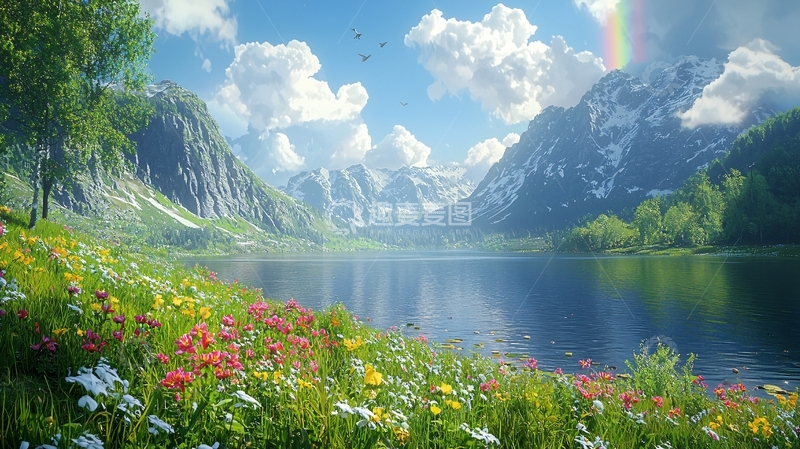 高清大图下载【趣麦麦图】彩虹山峦湖泊鲜花
