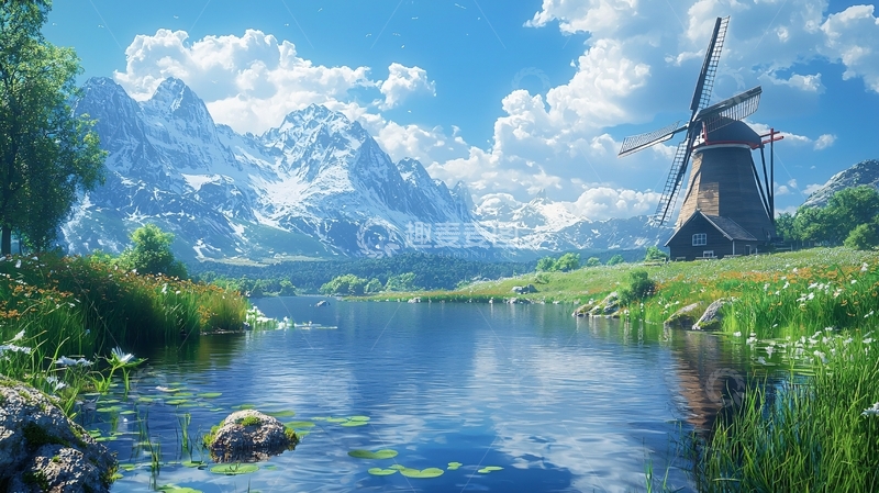 高清大图下载【趣麦麦图】阿尔卑斯山风车田园风光