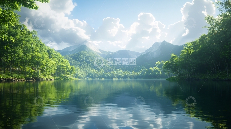 高清大图下载【趣麦麦图】阳光下的宁静湖泊