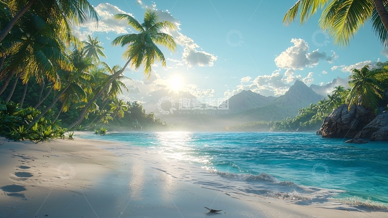 高清大图下载【趣麦麦图】热带海滩椰林日出