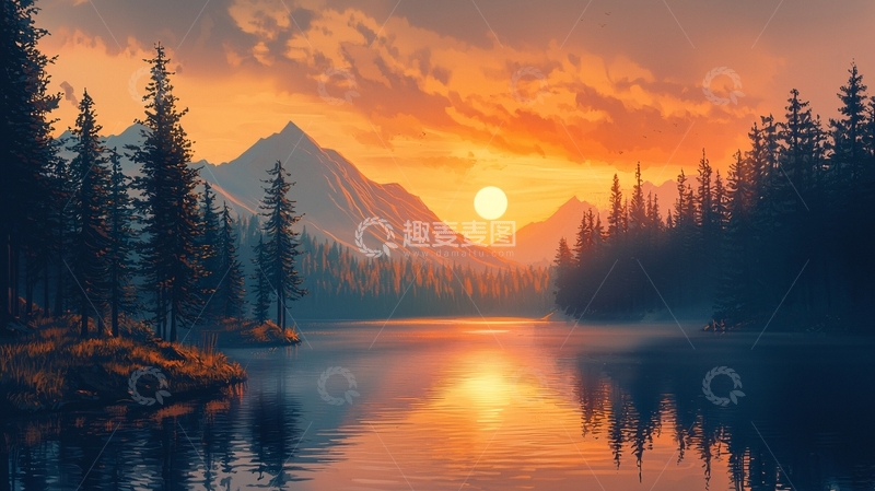 高清大图下载【趣麦麦图】山湖日落风景图