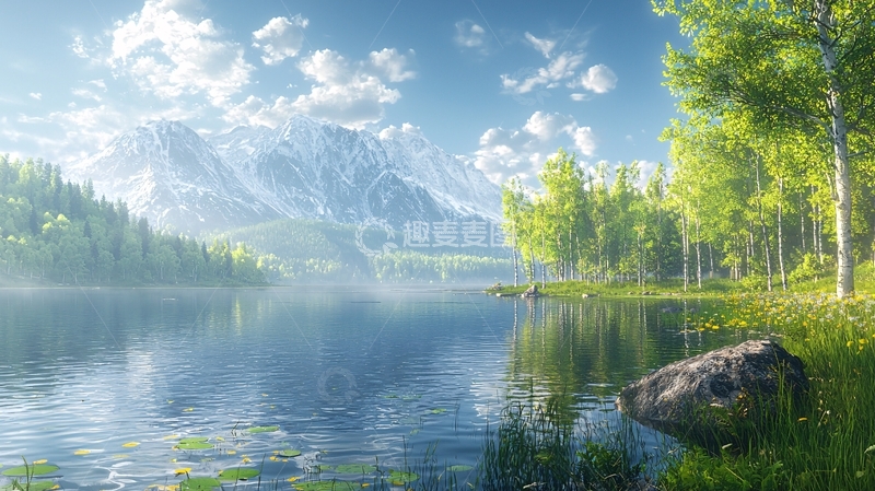 高清大图下载【趣麦麦图】阳光明媚的山湖美景