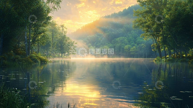 高清大图下载【趣麦麦图】清晨湖泊山峦日出