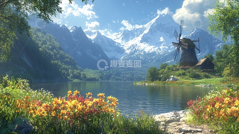 高清大图下载【趣麦麦图】阿尔卑斯山风车湖泊风景