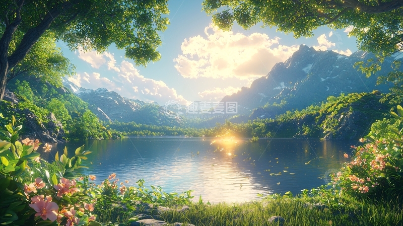 高清大图下载【趣麦麦图】山间湖泊清晨阳光