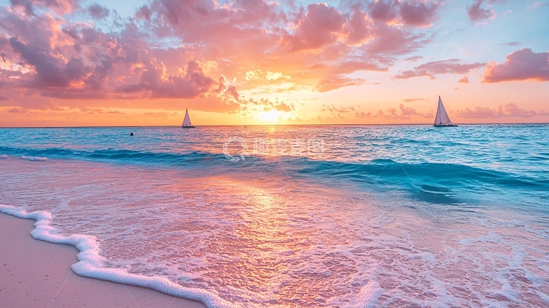 高清大图下载【趣麦麦图】粉色沙滩日落海景