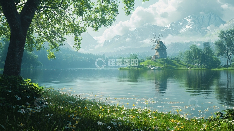 高清大图下载【趣麦麦图】湖边风车田园风光