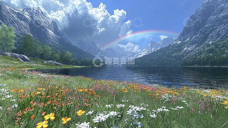 高清大图下载【趣麦麦图】彩虹山谷湖泊鲜花