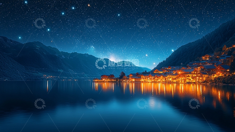 高清大图下载【趣麦麦图】星空下的湖边小镇