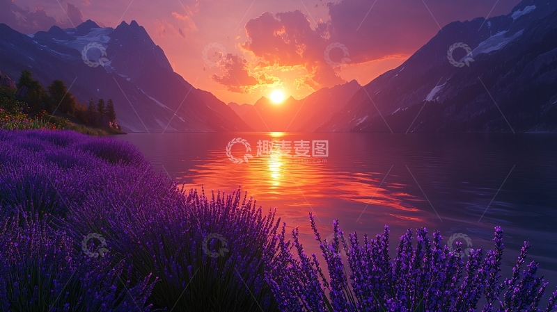 高清大图下载【趣麦麦图】夕阳西下湖光山色