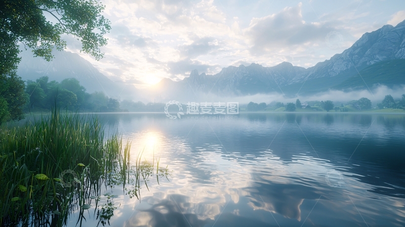 高清大图下载【趣麦麦图】清晨湖泊山峦日出