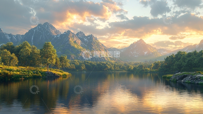 高清大图下载【趣麦麦图】夕阳下的宁静山湖景色