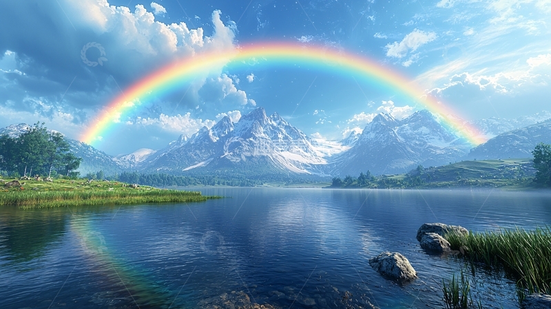 高清大图下载【趣麦麦图】彩虹山峦湖泊风景