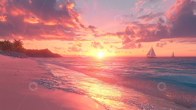 高清大图下载【趣麦麦图】粉色夕阳海滩帆船