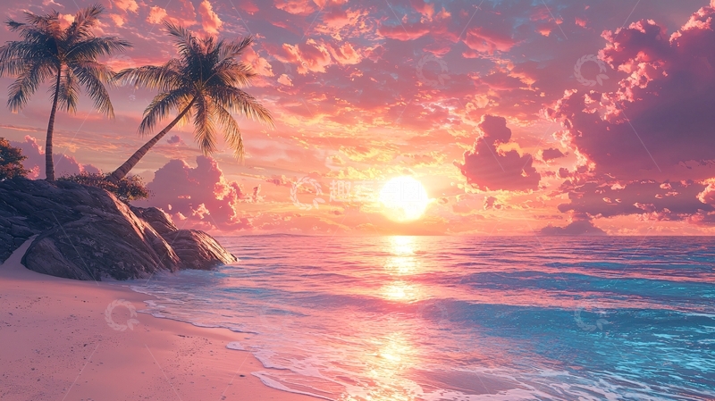 高清大图下载【趣麦麦图】粉色系海滩日落