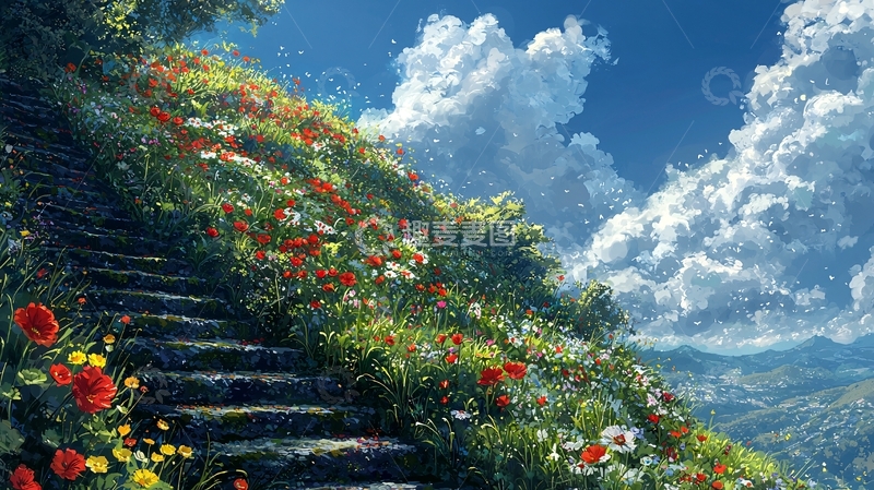 高清大图下载【趣麦麦图】鲜花盛开的山坡阶梯