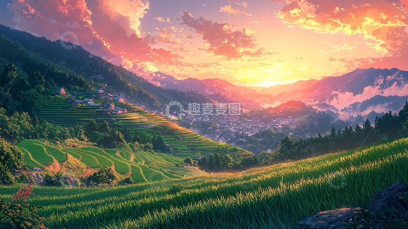 高清大图下载【趣麦麦图】日落山景梯田风光