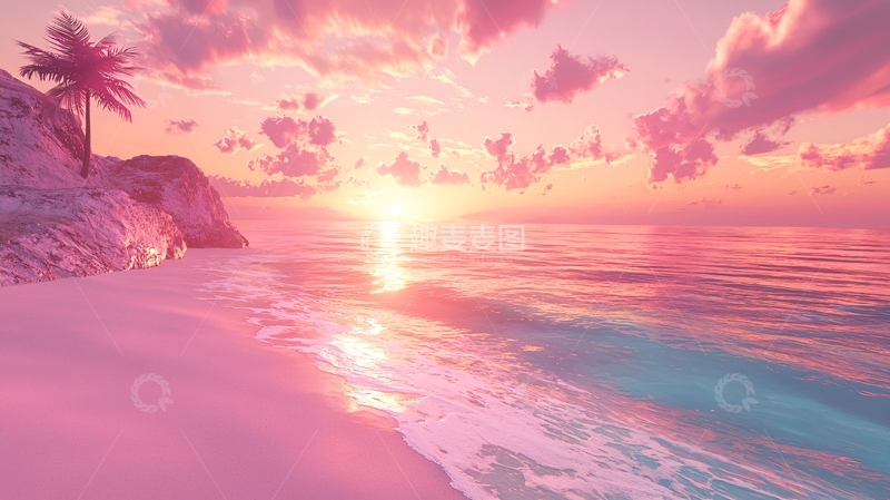 高清大图下载【趣麦麦图】粉色沙滩日落