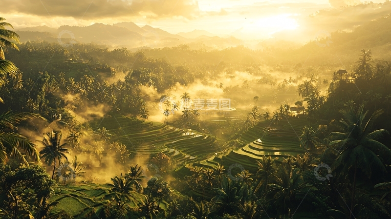高清大图下载【趣麦麦图】日出时分热带梯田景色