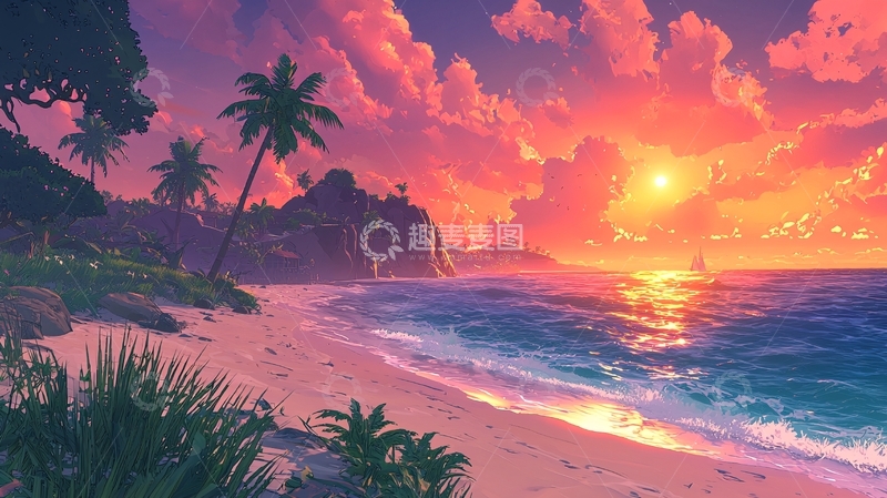 高清大图下载【趣麦麦图】热带海滩日落风景
