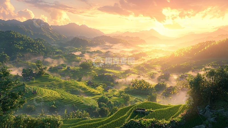 高清大图下载【趣麦麦图】山峦日出云海梯田