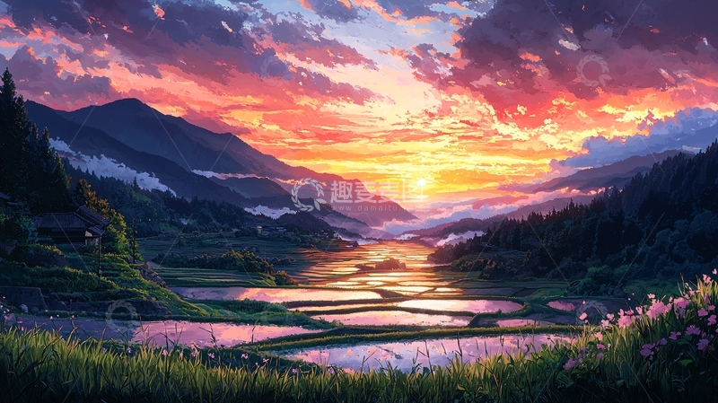 高清大图下载【趣麦麦图】山谷日落梯田风景画