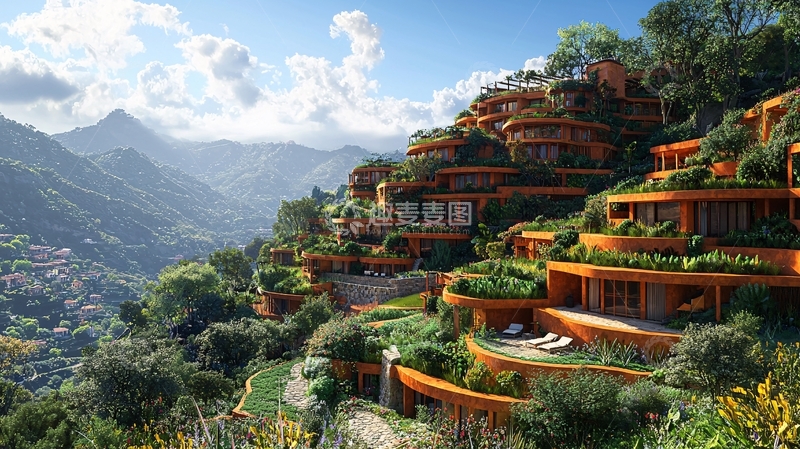 高清大图下载【趣麦麦图】山坡上的橙色建筑群