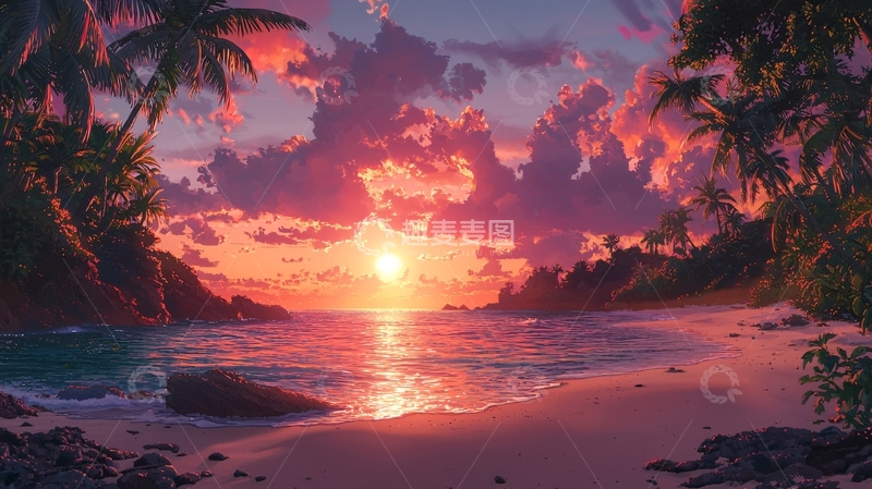 高清大图下载【趣麦麦图】热带海滩日落风景