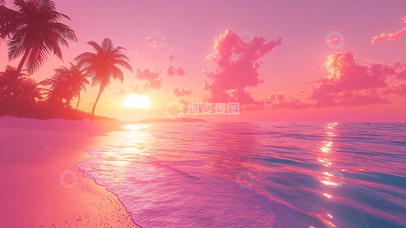 高清大图下载【趣麦麦图】粉色海滩日落