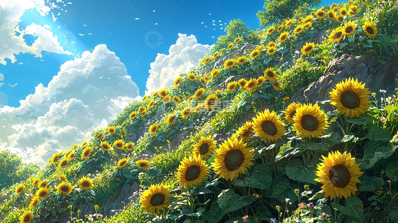 高清大图下载【趣麦麦图】向阳山坡向日葵花海
