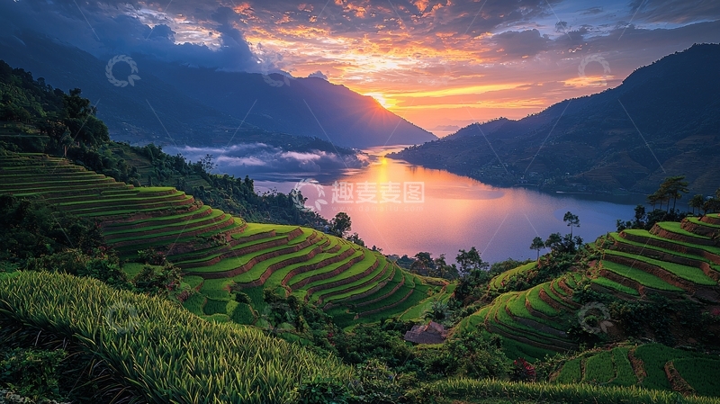 高清大图下载【趣麦麦图】日出山脉梯田湖泊风景