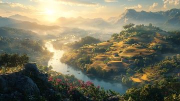 山河日出壮丽景色