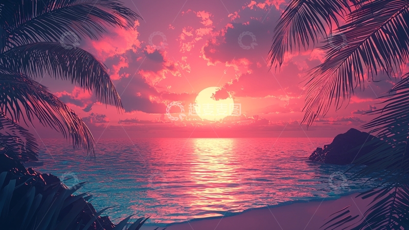 高清大图下载【趣麦麦图】粉色系日落海滩
