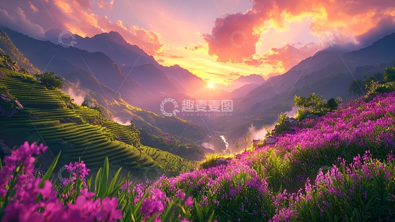 高清大图下载【趣麦麦图】壮丽山河日落美景