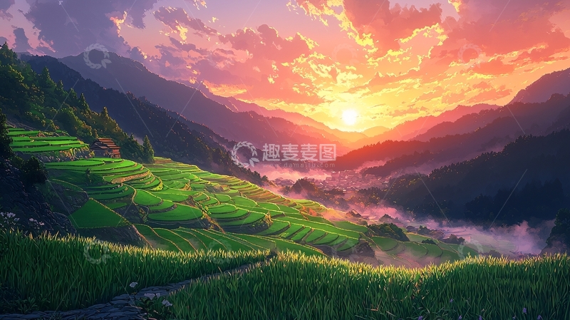 高清大图下载【趣麦麦图】日落山谷梯田景色
