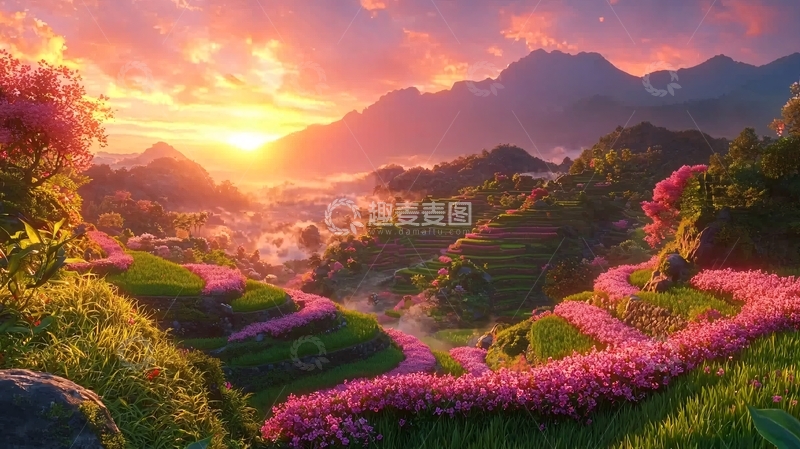 高清大图下载【趣麦麦图】日落山峦花海田园风光