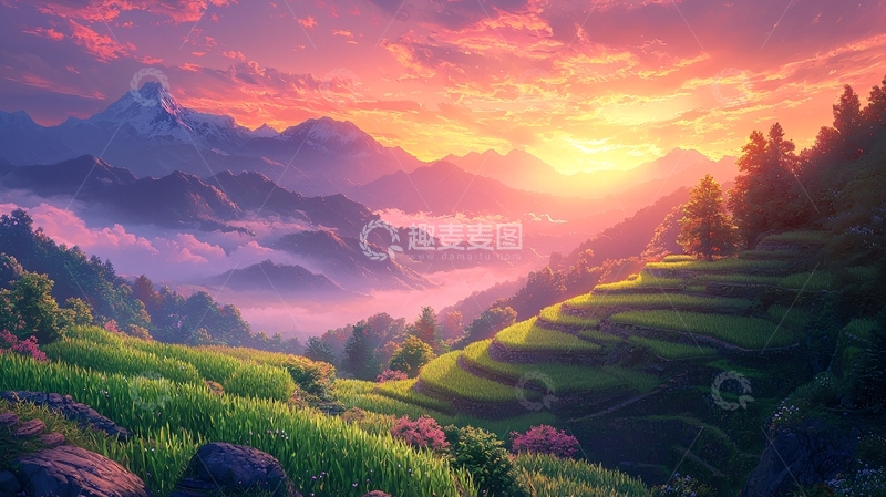 高清大图下载【趣麦麦图】梦幻般日出山脉田园风光