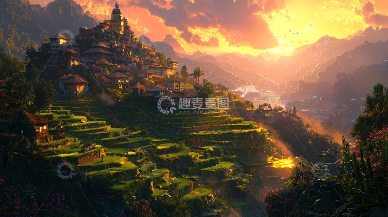 高清大图下载【趣麦麦图】山间小镇夕阳景色