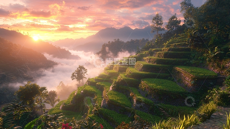 高清大图下载【趣麦麦图】日出云海梯田美景