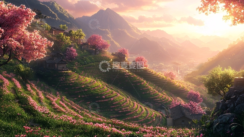 高清大图下载【趣麦麦图】山间粉红色的樱花