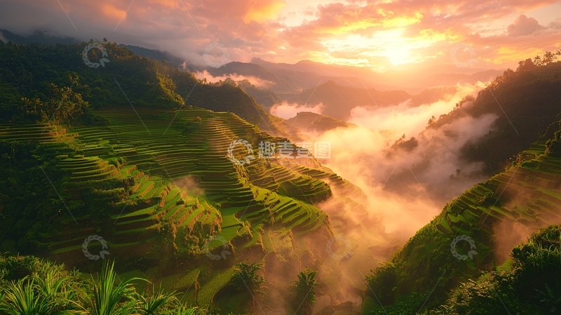 高清大图下载【趣麦麦图】日出云海梯田景色