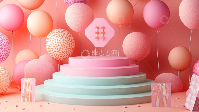 高清大图下载【趣麦麦图】粉色气球背景展示台