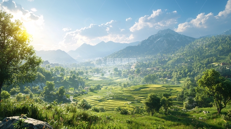 高清大图下载【趣麦麦图】阳光明媚的山谷田园风光