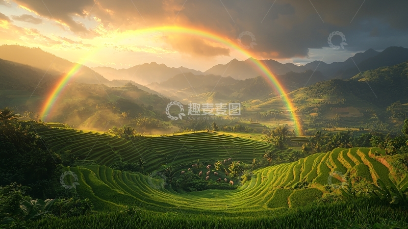 高清大图下载【趣麦麦图】日出彩虹山峦梯田