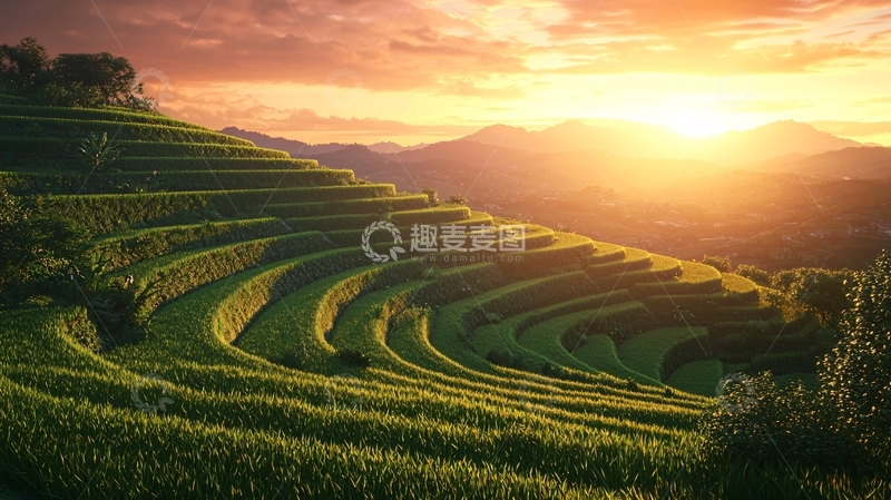 高清大图下载【趣麦麦图】日落梯田美景