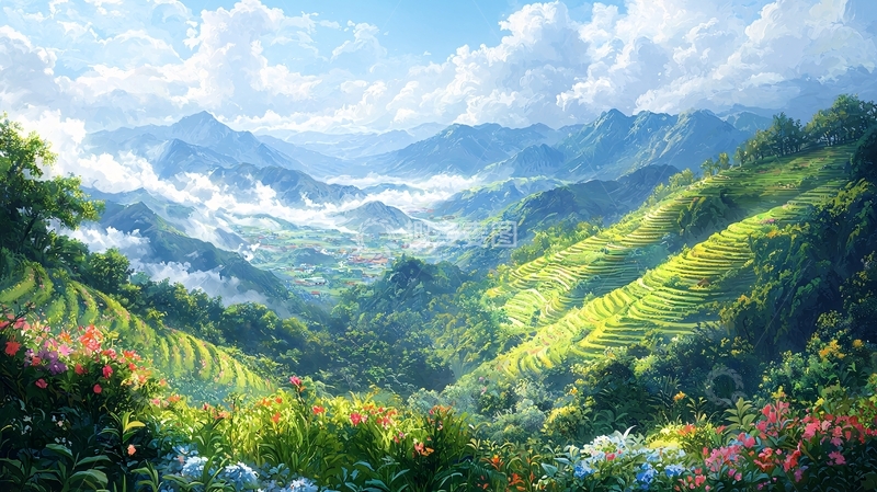 高清大图下载【趣麦麦图】云雾缭绕的山谷梯田