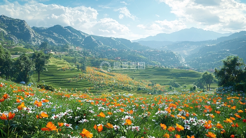 高清大图下载【趣麦麦图】阳光明媚的山谷花海