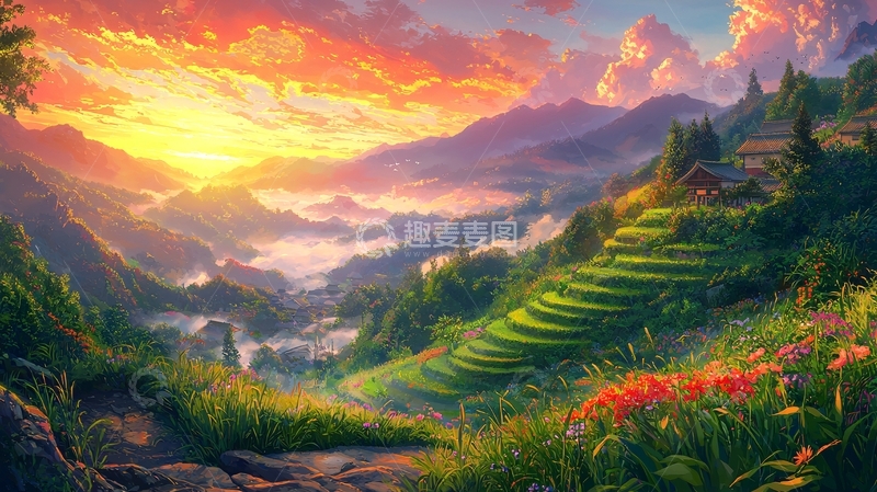 高清大图下载【趣麦麦图】日出山峦梯田美景