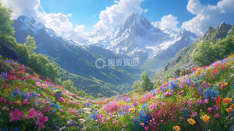 高清大图下载【趣麦麦图】雪山花海高清壁纸